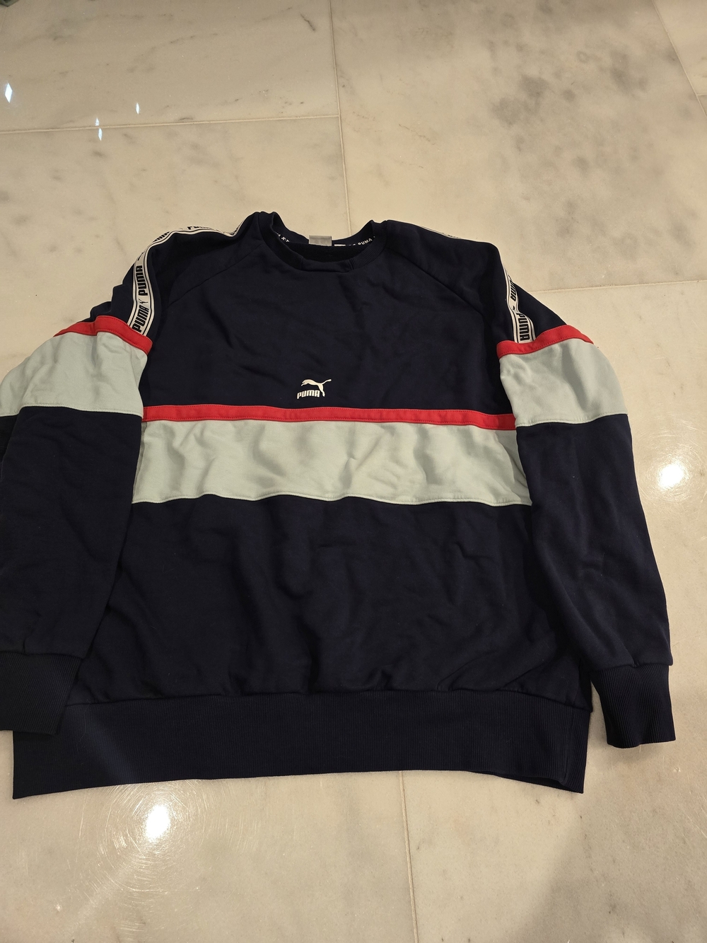 Puma Men's Navy Crewneck with Light Blue Panel and Red Stripe